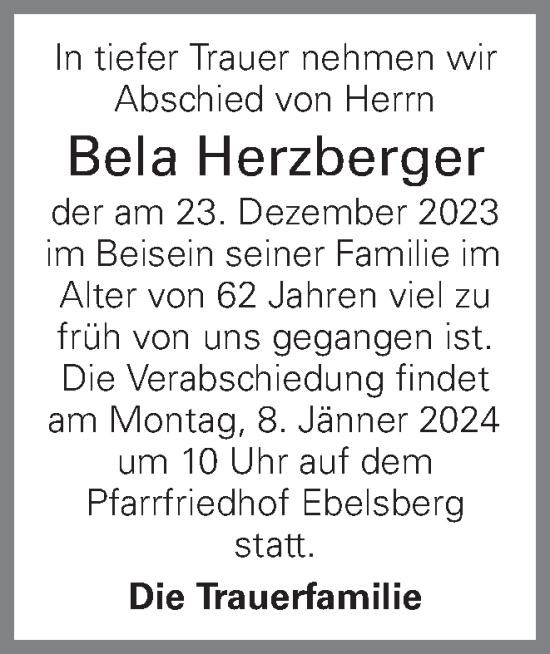 Traueranzeige von Bela Herzberger von OÖNachrichten