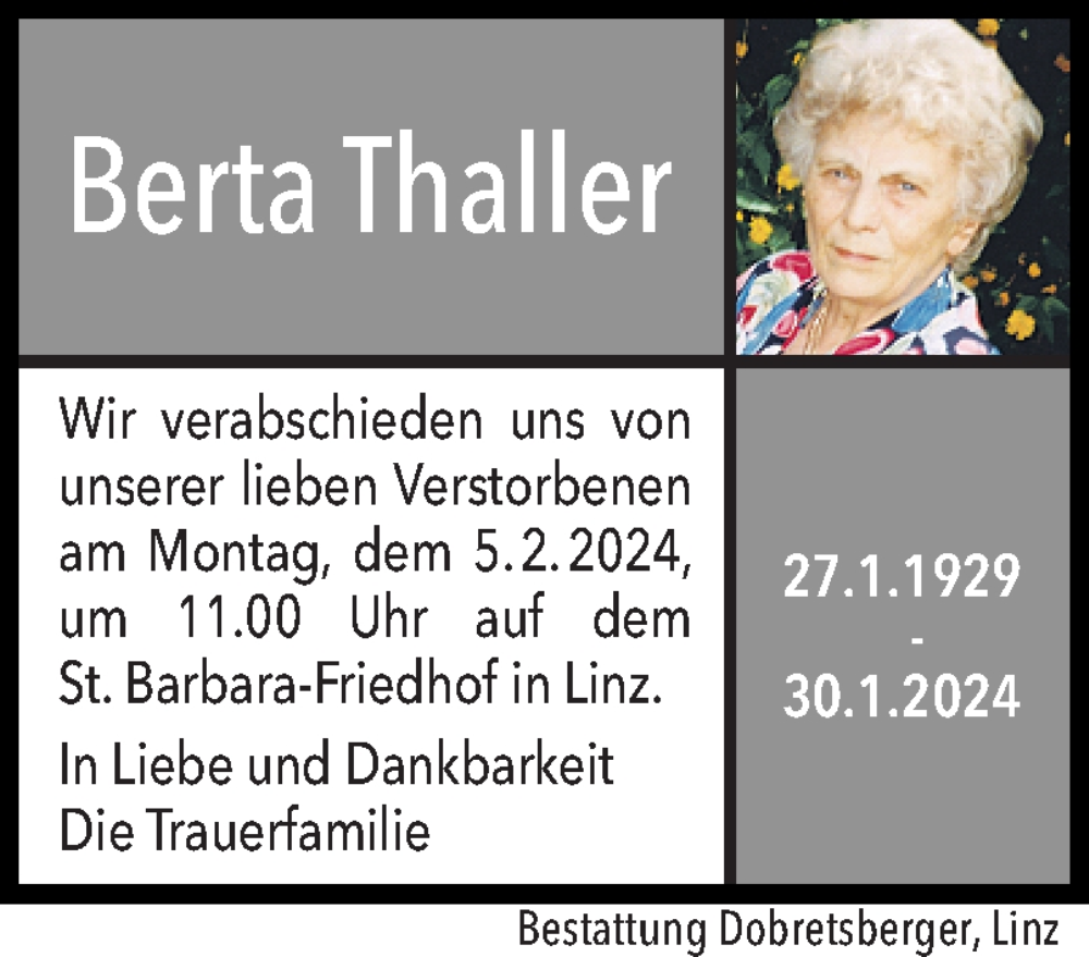  Traueranzeige für Berta Thaller vom 31.01.2024 aus OÖNachrichten