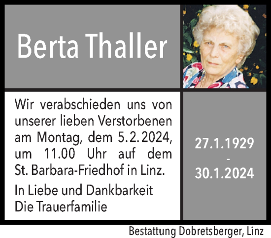 Traueranzeige von Berta Thaller von OÖNachrichten