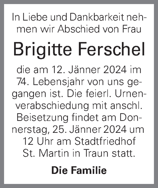 Traueranzeige von Brigitte Ferschel von OÖNachrichten