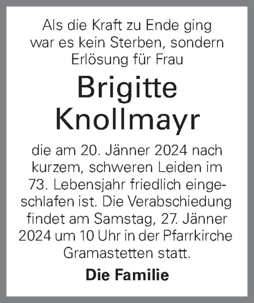  Traueranzeige für Brigitte Knollmayr vom 24.01.2024 aus OÖNachrichten