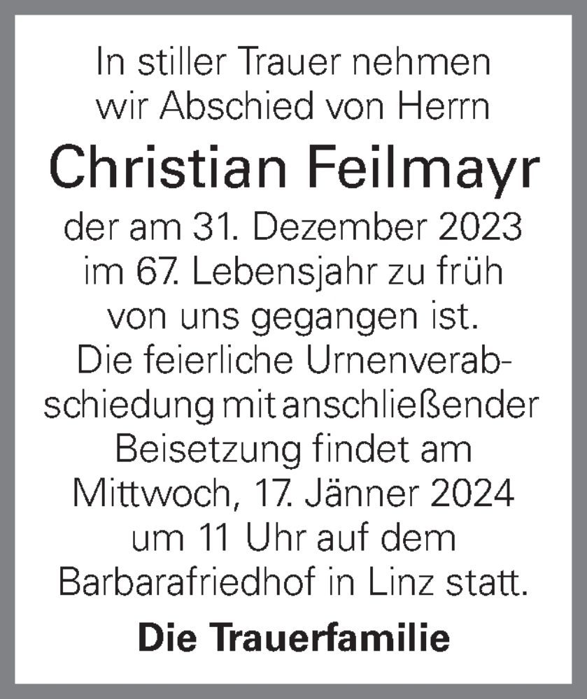  Traueranzeige für Christian Feilmayr vom 12.01.2024 aus OÖNachrichten
