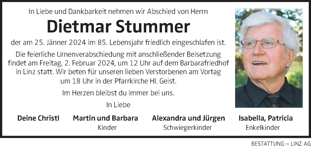  Traueranzeige für Dietmar Stummer vom 30.01.2024 aus OÖNachrichten