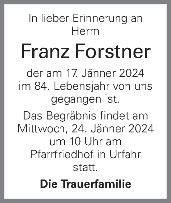 Traueranzeige von Franz Forstner von OÖNachrichten