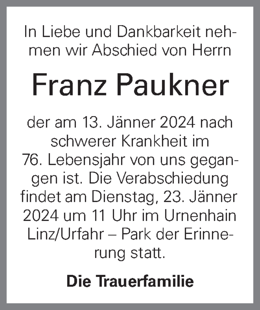  Traueranzeige für Franz Paukner vom 19.01.2024 aus OÖNachrichten