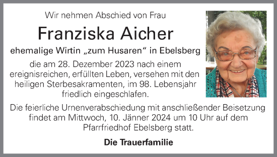 Traueranzeige von Franziska Aicher von OÖNachrichten