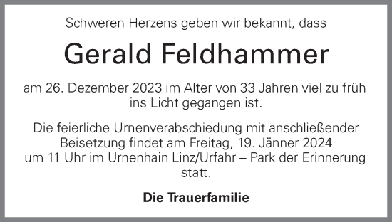 Traueranzeige von Gerald Feldhammer von OÖNachrichten