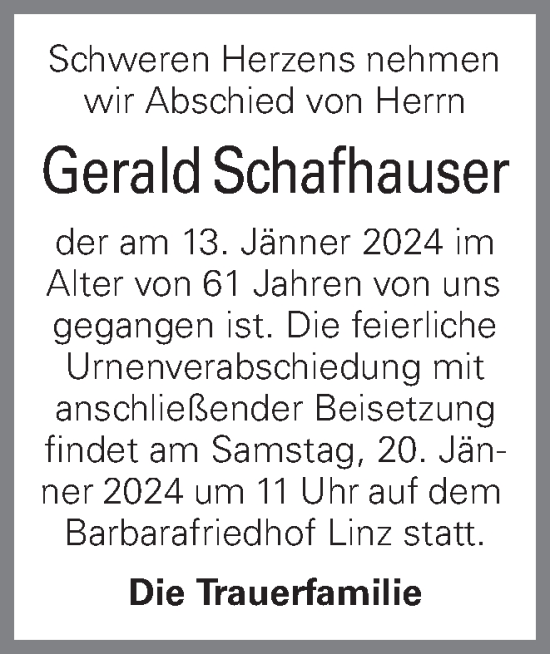 Traueranzeige von Gerald Schafhauser von OÖNachrichten