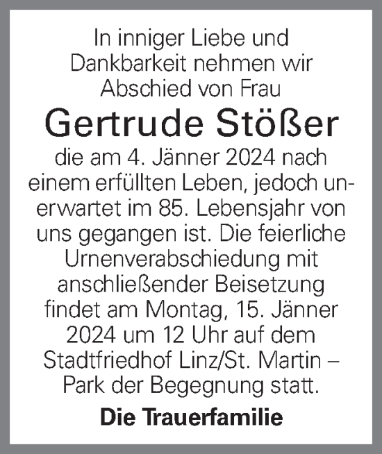 Traueranzeige von Gertrude Stößer von OÖNachrichten