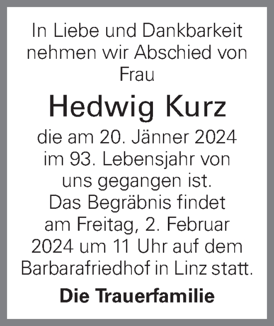 Traueranzeige von Hedwig Kurz von OÖNachrichten