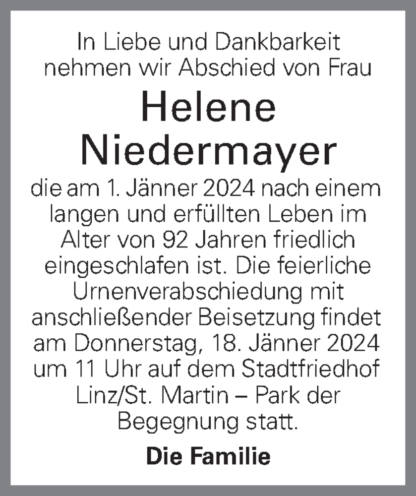  Traueranzeige für Helene Niedermayer vom 05.01.2024 aus OÖNachrichten