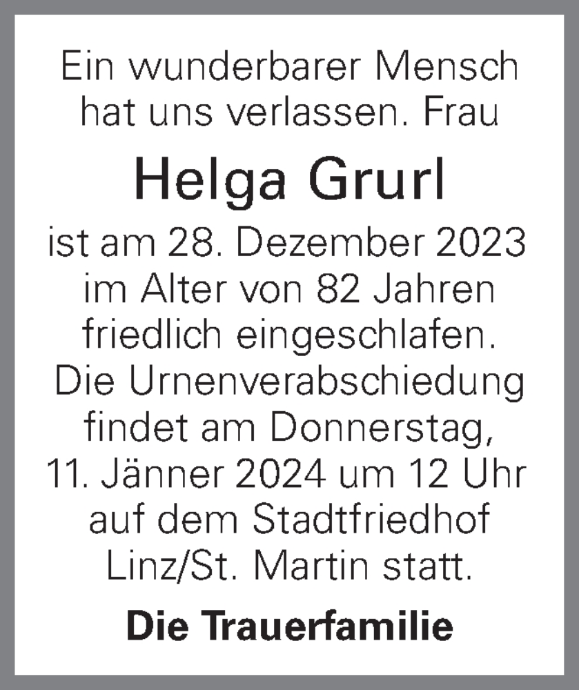  Traueranzeige für Helga Grurl vom 09.01.2024 aus OÖNachrichten