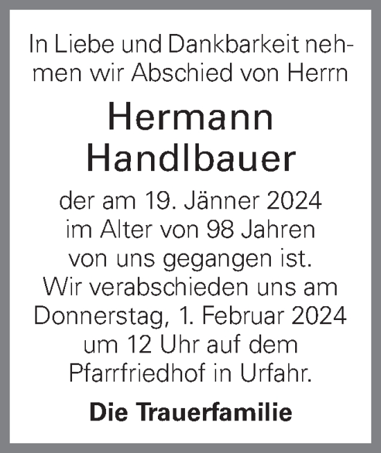 Traueranzeige von Hermann Handlbauer von OÖNachrichten