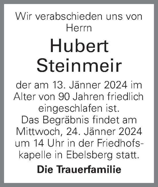 Traueranzeige von Hubert Steinmeir von OÖNachrichten