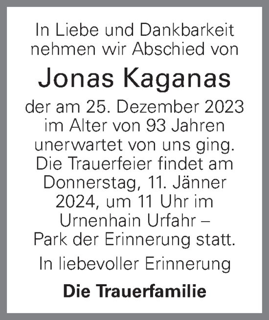 Traueranzeige von Jonas Kaganas von OÖNachrichten