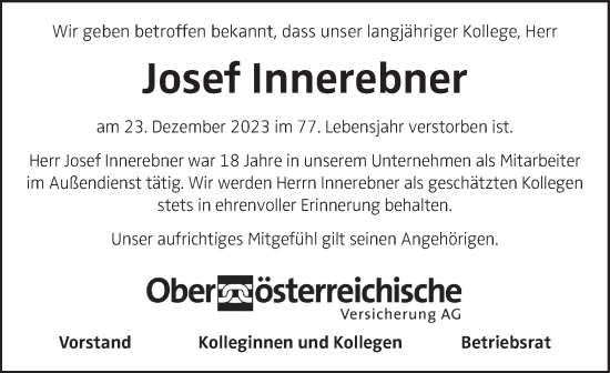 Traueranzeige von Josef Innerebner von OÖNachrichten