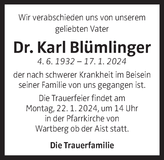 Traueranzeige von Karl Blümlinger von OÖNachrichten