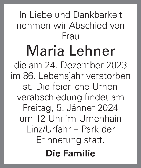 Traueranzeige von Maria Lehner von OÖNachrichten