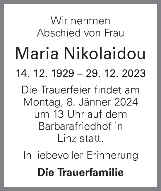 Traueranzeige von Maria Nikolaidou von OÖNachrichten