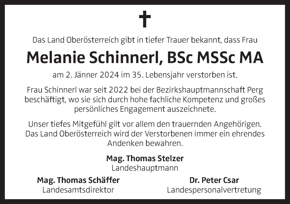  Traueranzeige für Melanie Schinnerl vom 10.01.2024 aus OÖNachrichten