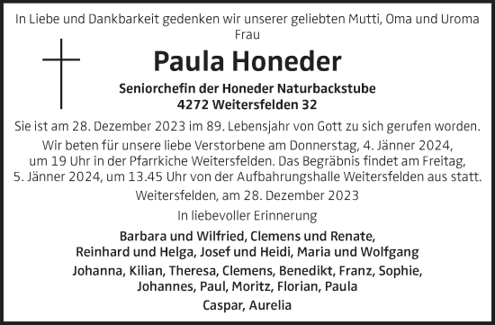 Traueranzeige von Paula Honeder von OÖNachrichten