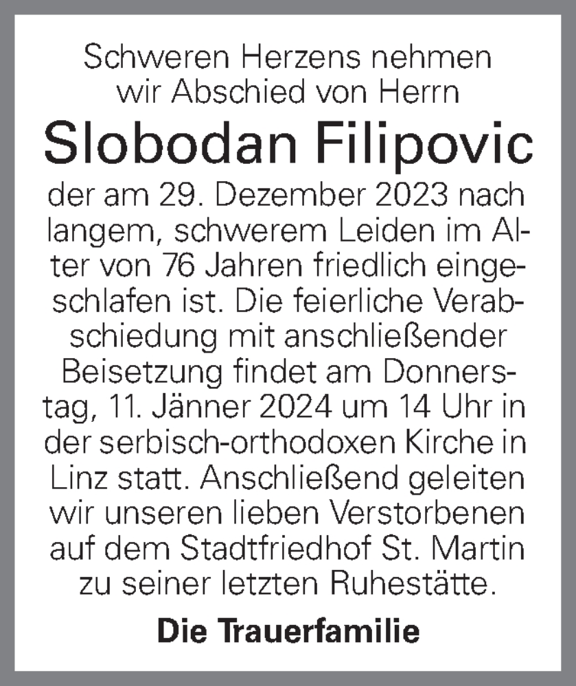  Traueranzeige für Slobodan Filipovic vom 05.01.2024 aus OÖNachrichten