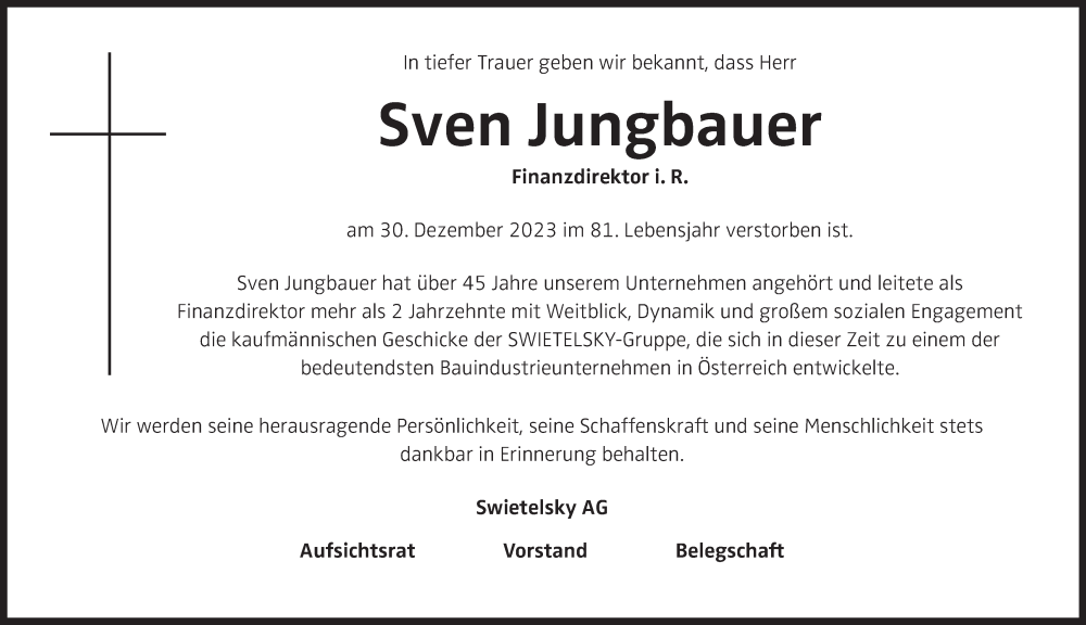  Traueranzeige für Sven Jungbauer vom 08.01.2024 aus OÖNachrichten