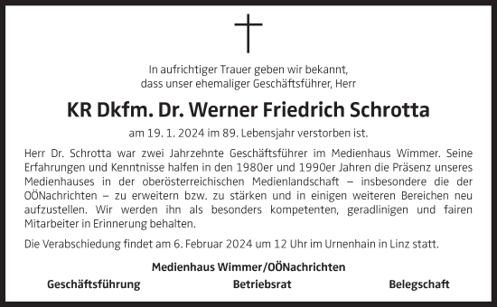 Traueranzeige von Werner Friedrich Schrotta von OÖNachrichten