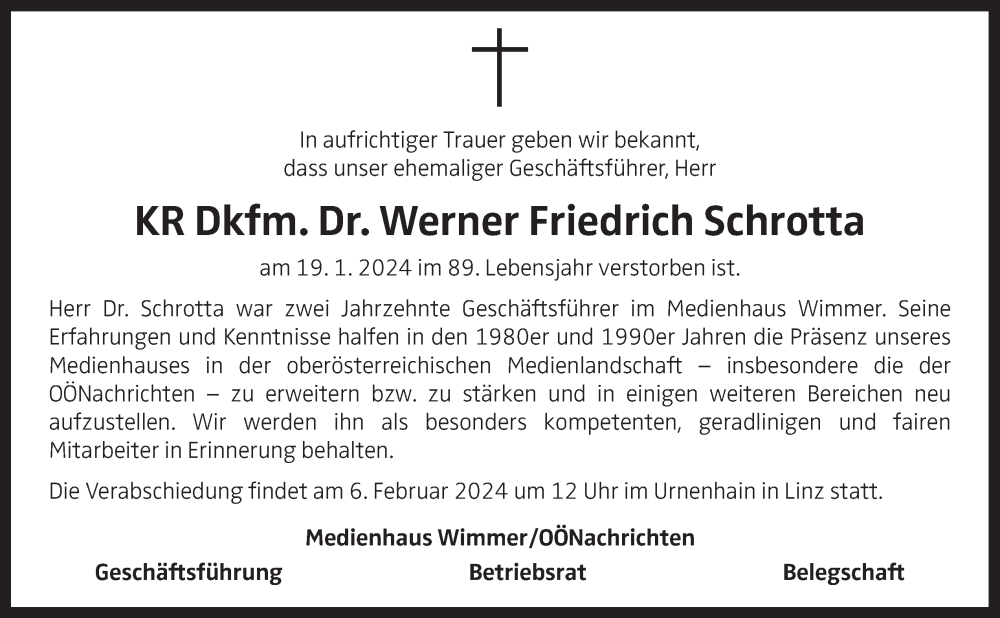  Traueranzeige für Werner Friedrich Schrotta vom 26.01.2024 aus OÖNachrichten
