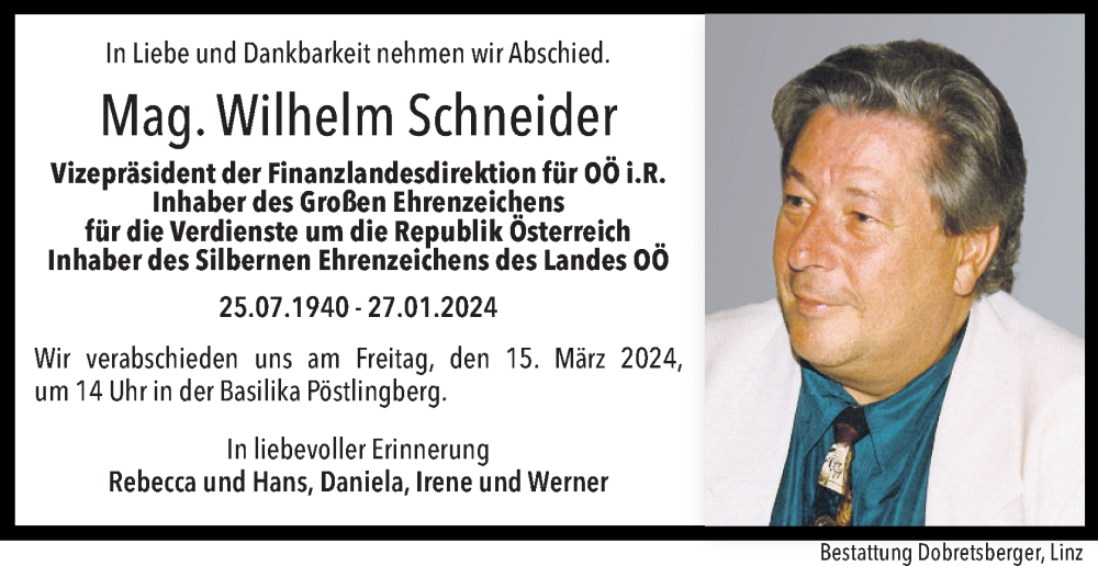  Traueranzeige für Wilhelm Schneider vom 29.01.2024 aus OÖNachrichten