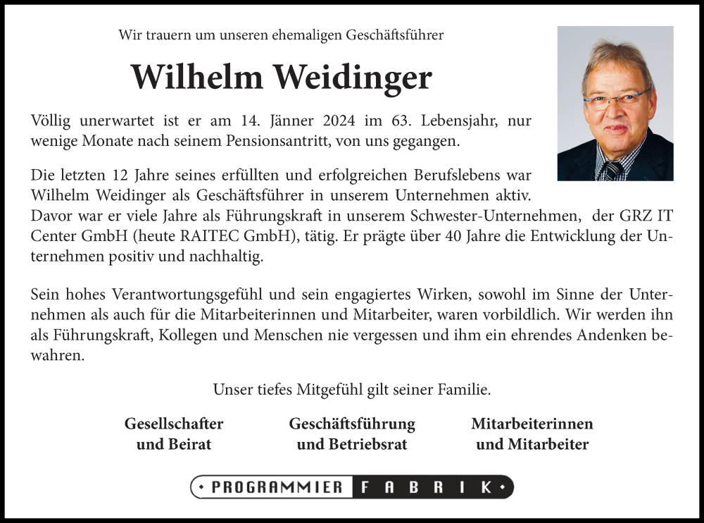  Traueranzeige für Wilhelm Weidinger vom 17.01.2024 aus OÖNachrichten