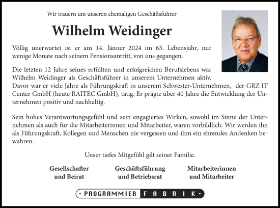 Traueranzeige von Wilhelm Weidinger von OÖNachrichten