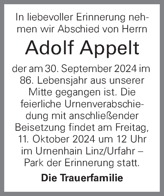 Traueranzeige von Adolf Appelt von OÖNachrichten
