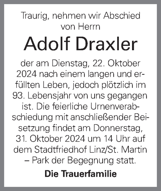 Traueranzeige von Adolf Draxler von OÖNachrichten