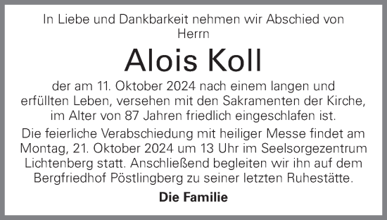 Traueranzeige von Alois Koll von OÖNachrichten
