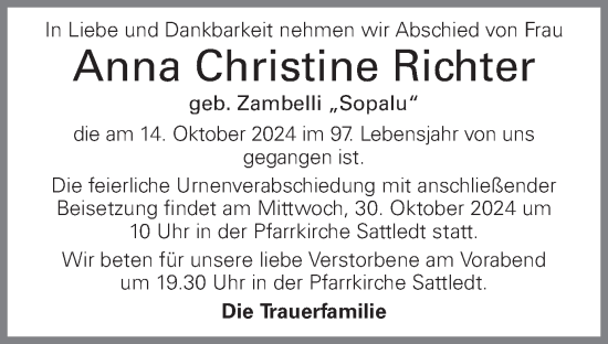 Traueranzeige von Anna Christine Richter von OÖNachrichten
