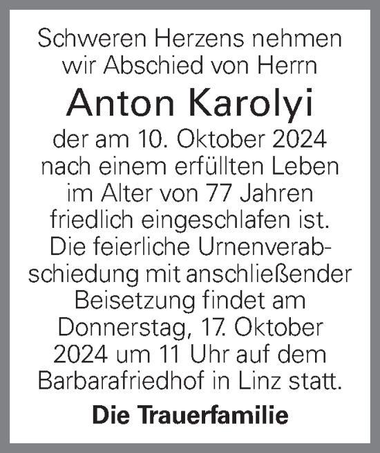 Traueranzeige von Anton Karolyi von OÖNachrichten