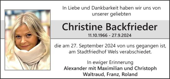 Traueranzeige von Christine Backfrieder von OÖNachrichten