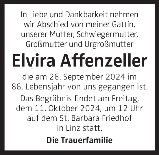 Traueranzeige von Elvira Affenzeller von OÖNachrichten
