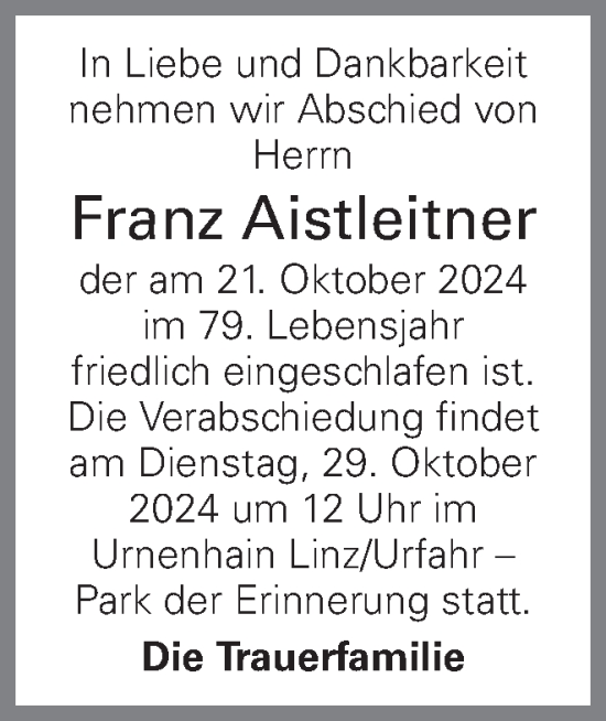 Traueranzeige von Franz Aistleitner von OÖNachrichten