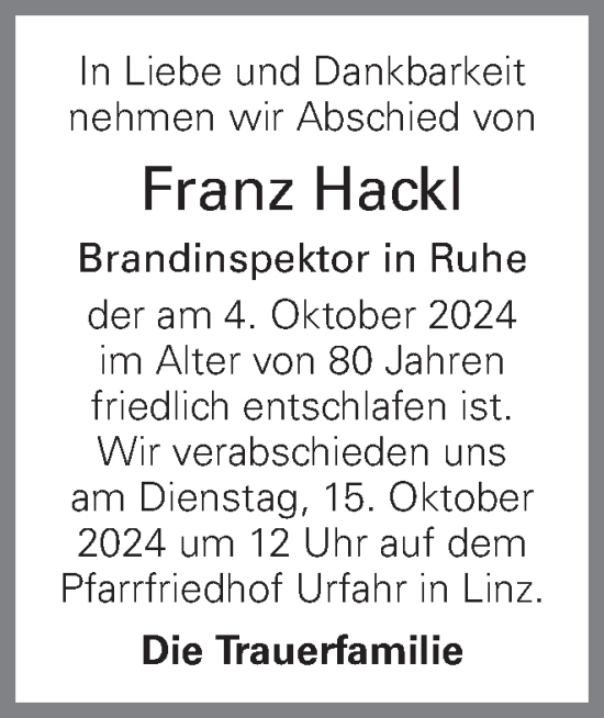 Traueranzeige von Franz Hackl von OÖNachrichten