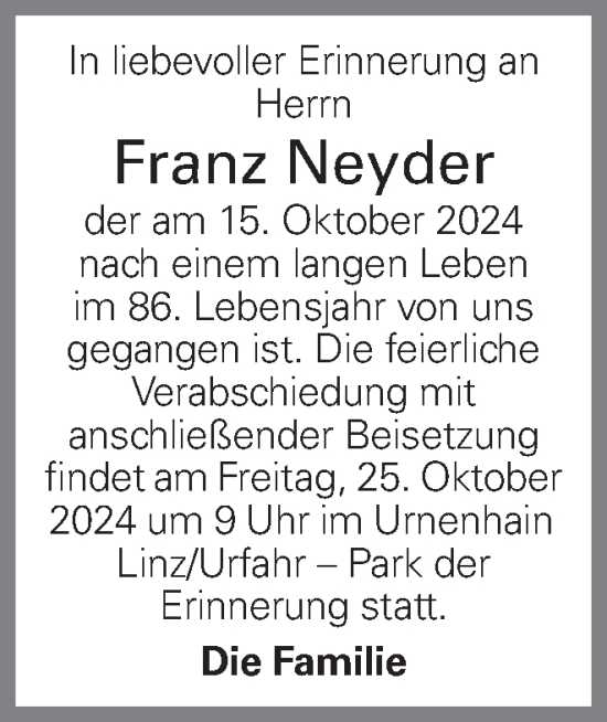 Traueranzeige von Franz Neyder von OÖNachrichten