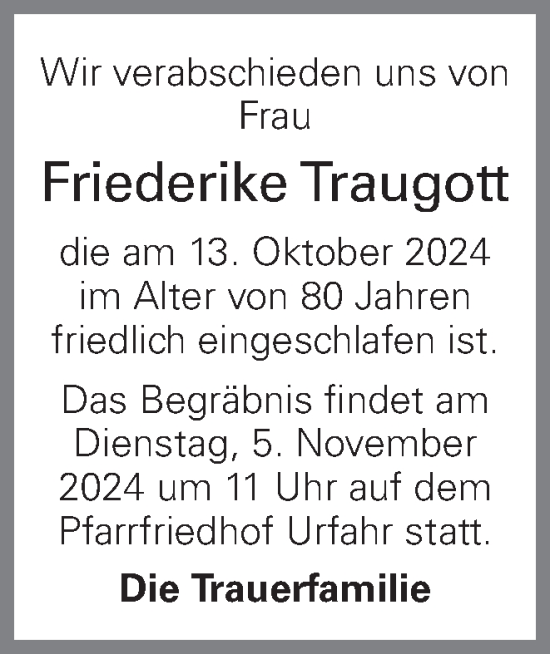 Traueranzeige von Friederike Traugott von OÖNachrichten