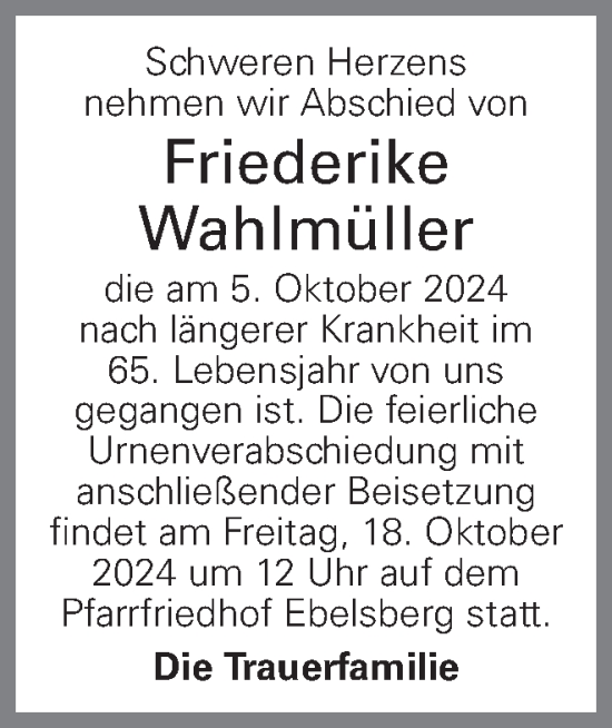 Traueranzeige von Friederike Wahlmüller von OÖNachrichten