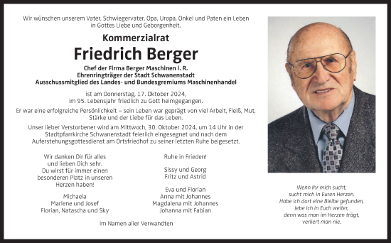 Traueranzeige von Friedrich Berger von OÖNachrichten