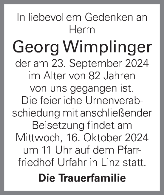 Traueranzeige von Georg Wimplinger von OÖNachrichten