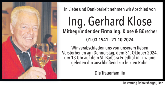 Traueranzeige von Gerhard Klose von OÖNachrichten