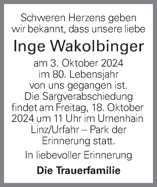 Traueranzeige von Inge Wakolbinger von OÖNachrichten