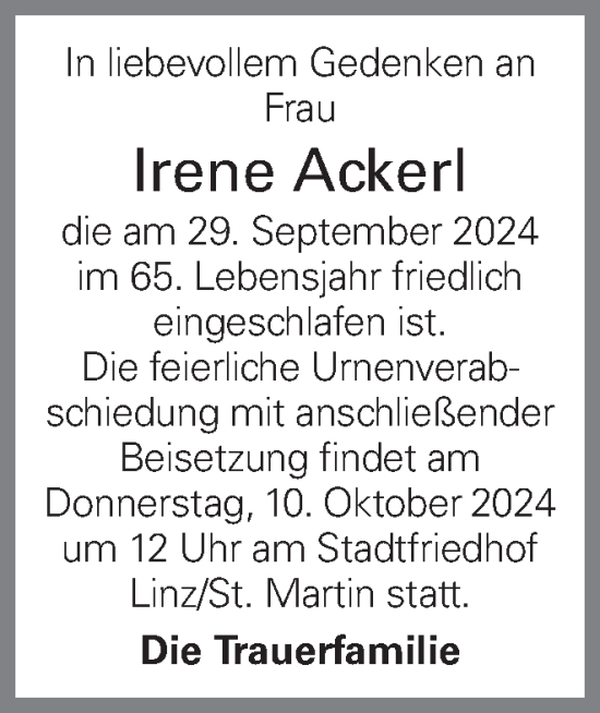 Traueranzeige von Irene Ackerl von OÖNachrichten