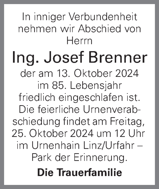 Traueranzeige von Josef Brenner von OÖNachrichten